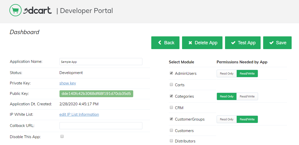 3dcart Developer Portal App Dashboard