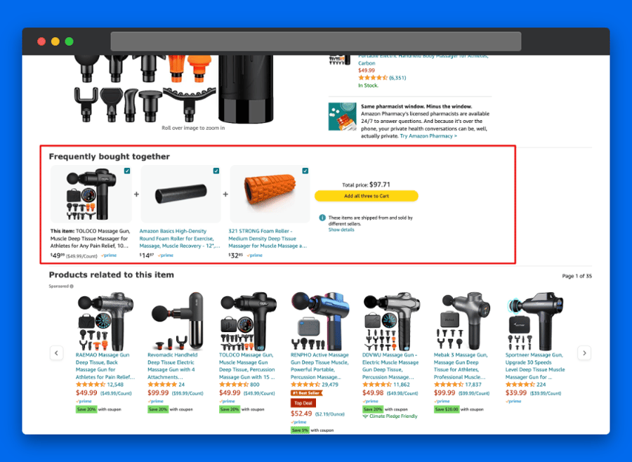 Amazon product page of a massage gun with “Frequently bought together” product recommendations