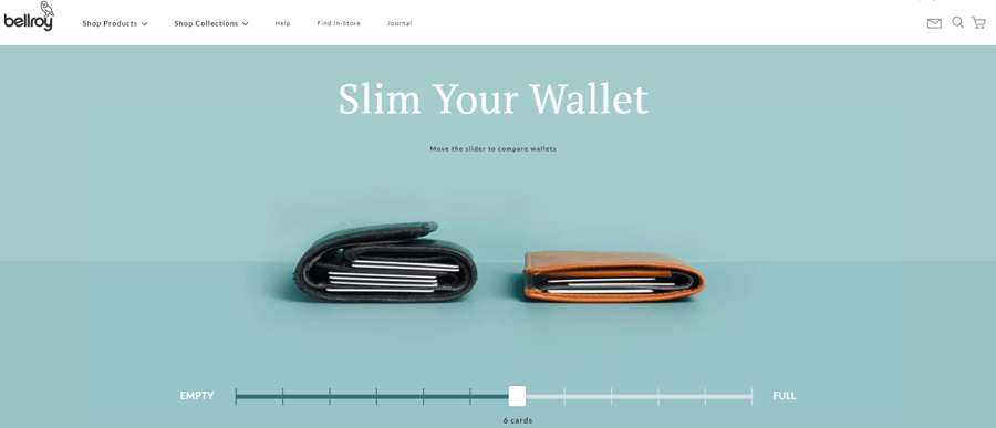 Bellroy landing page is minimalistic and has interactive elements capturing visitors attention