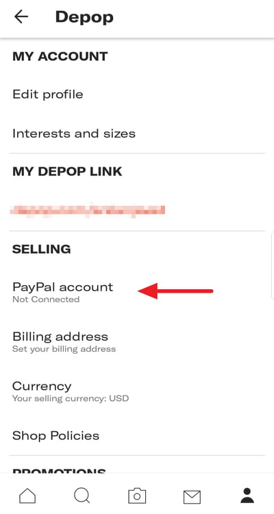 Conto Paypal dell'app Depop