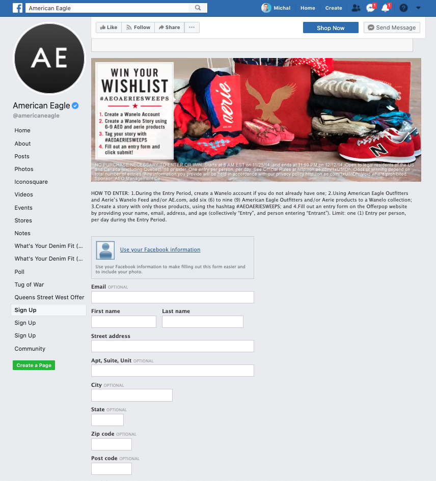 American Eagle Facebook signup