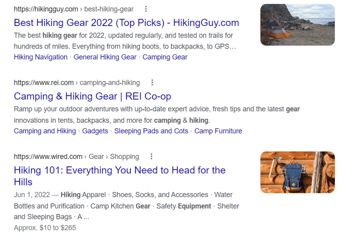 Hiking gear SERP