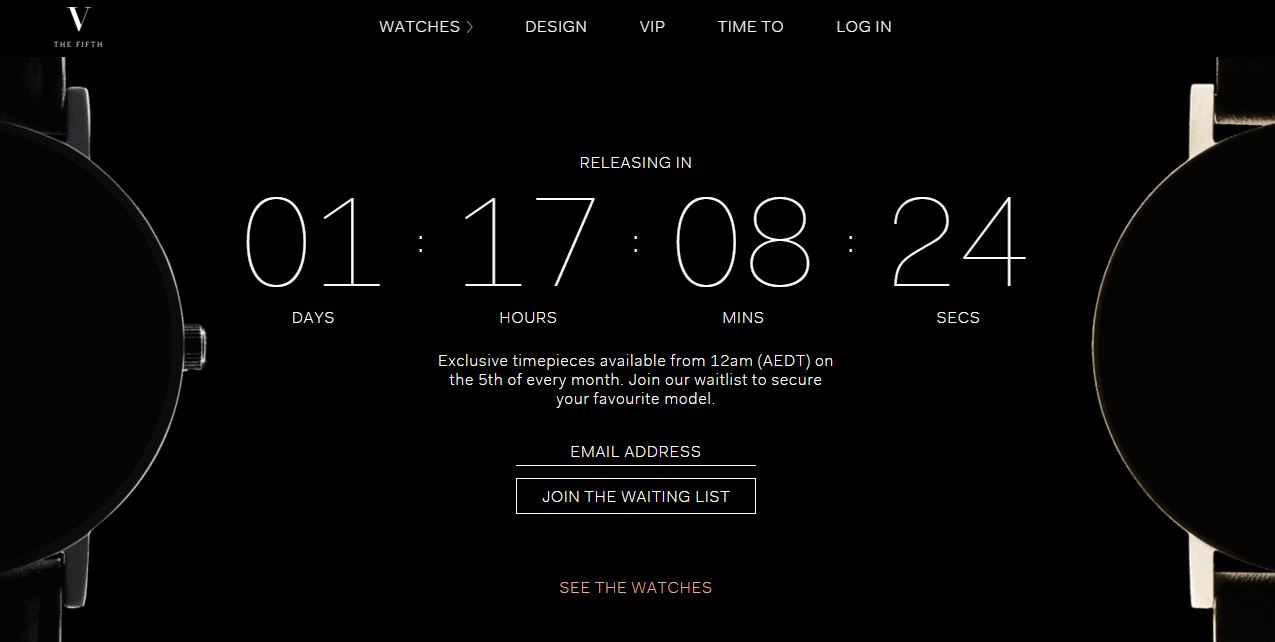 Screenshot of The Fifth Watches countdown to their next watch release