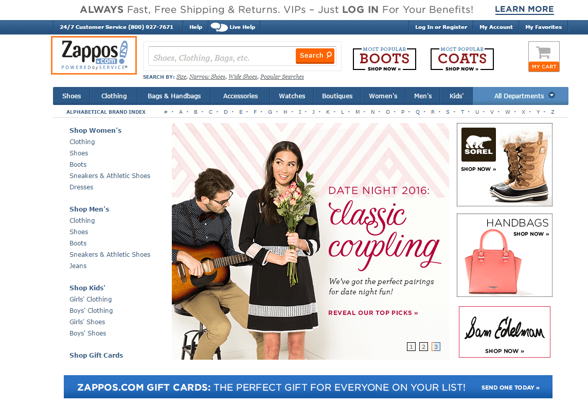 Screenshot of Zappos homepage