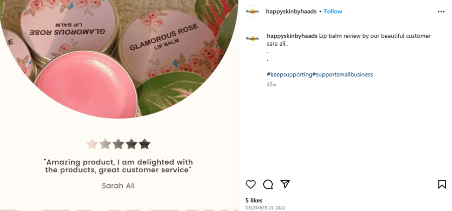 Instagram post from happyskinbyhaads - customer review