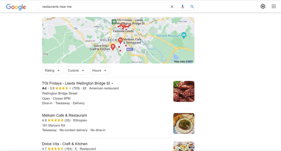 Local restaurant search results