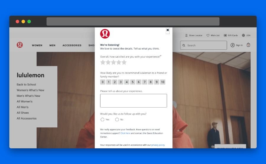 Lululemon’s homepage feedback survey form
