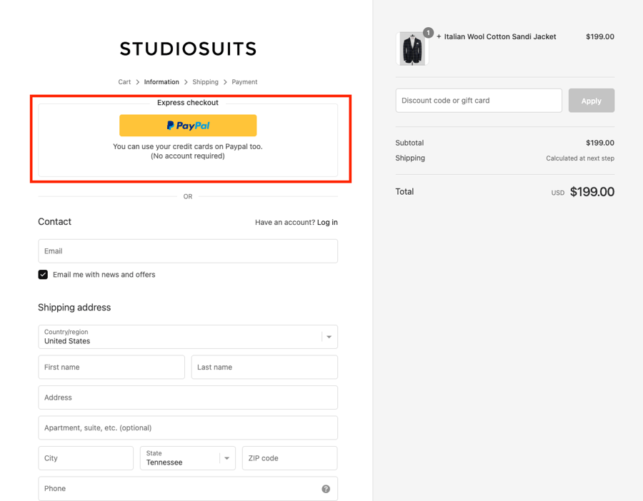 PayPal Express checkout on StudioSuits