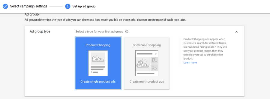 Product Shopping vs. Showcase Shopping ad groups