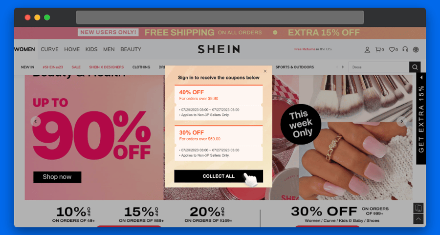 SHEIN homepage with special deals and discounts