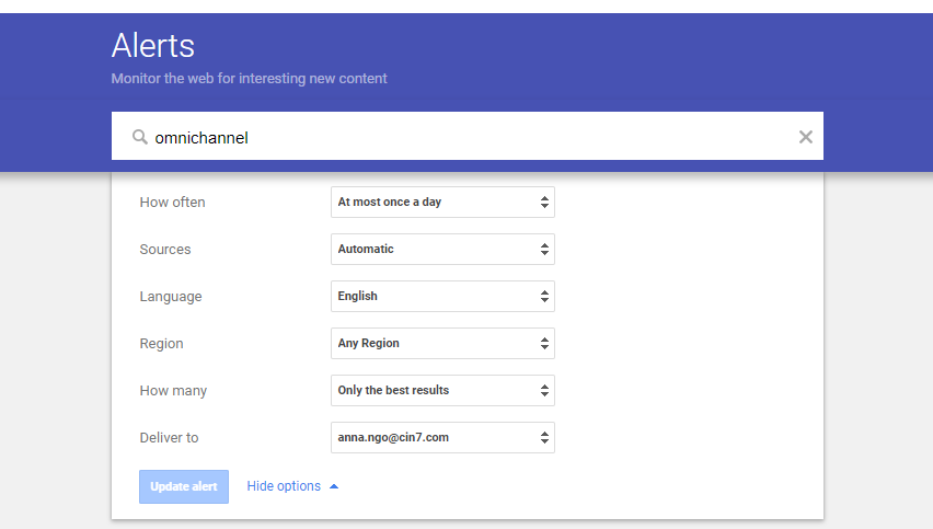 Selecting Options for Google Alerts
