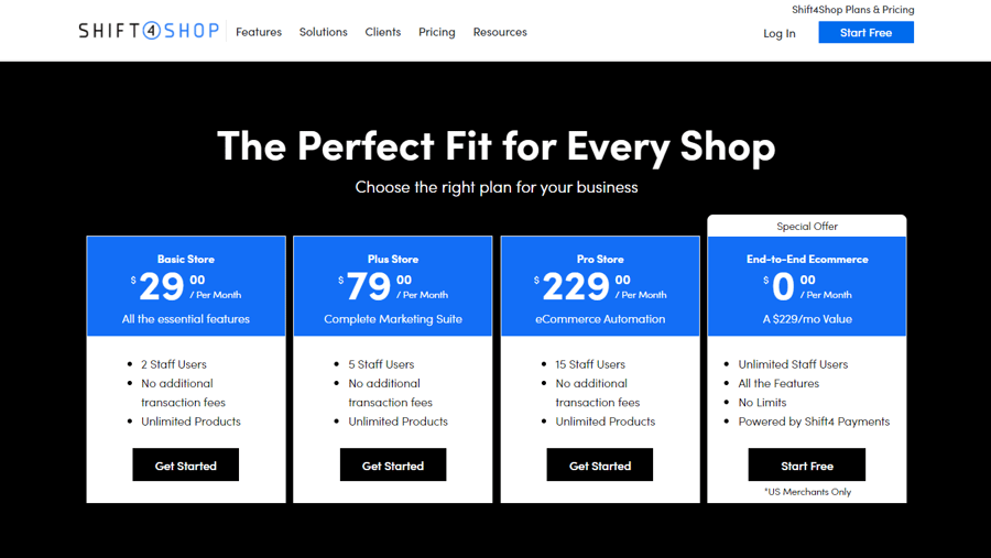 Shift4Shop plans page