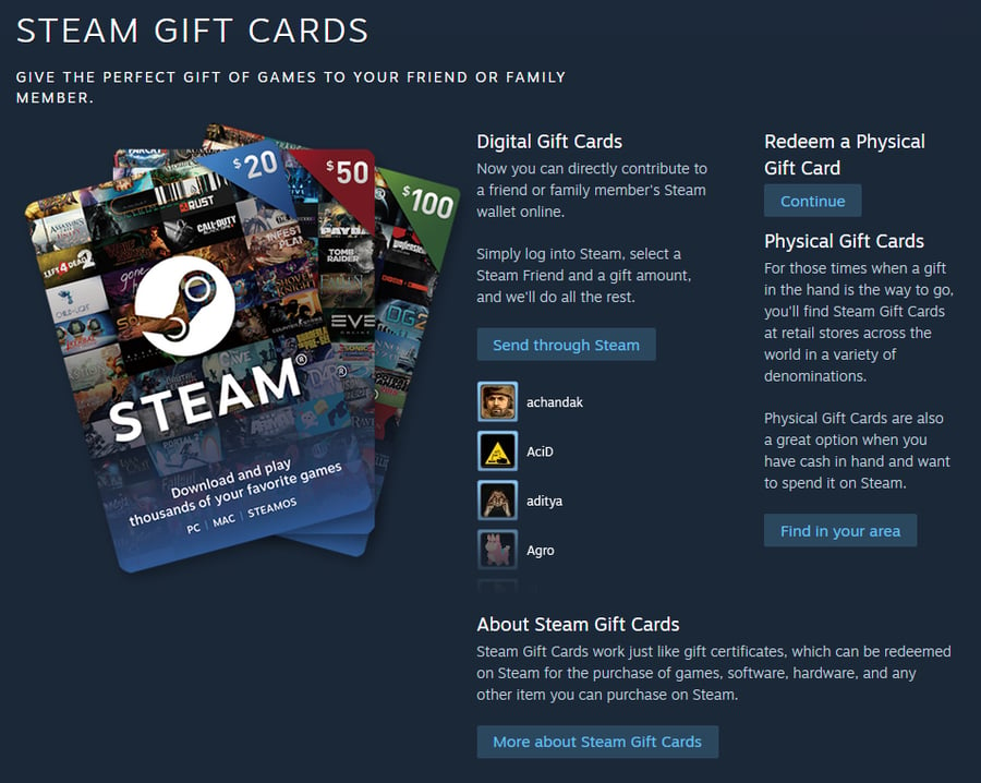Steam physical and digital gift cards
