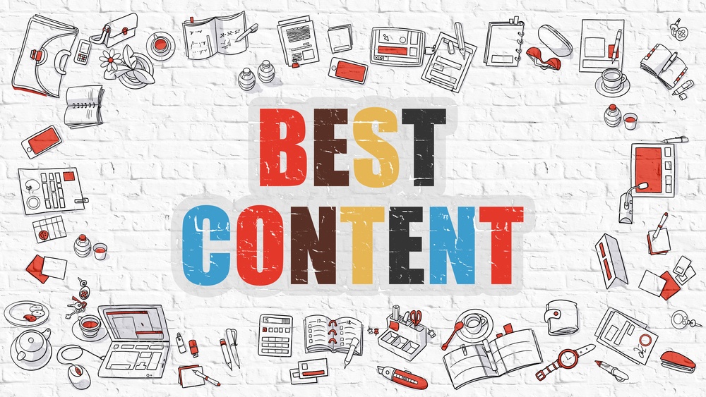 Best Content. Multicolor Inscription on White Brick Wall with Doodle Icons Around. Best Content Concept. Modern Style Illustration with Doodle Design Icons. Best Content on White Brickwall Background.