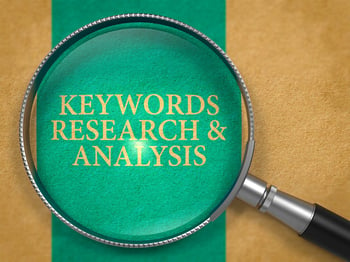 Keywords Research and Analysis through Loupe on Old Paper with Blue Vertical Line Background.-1