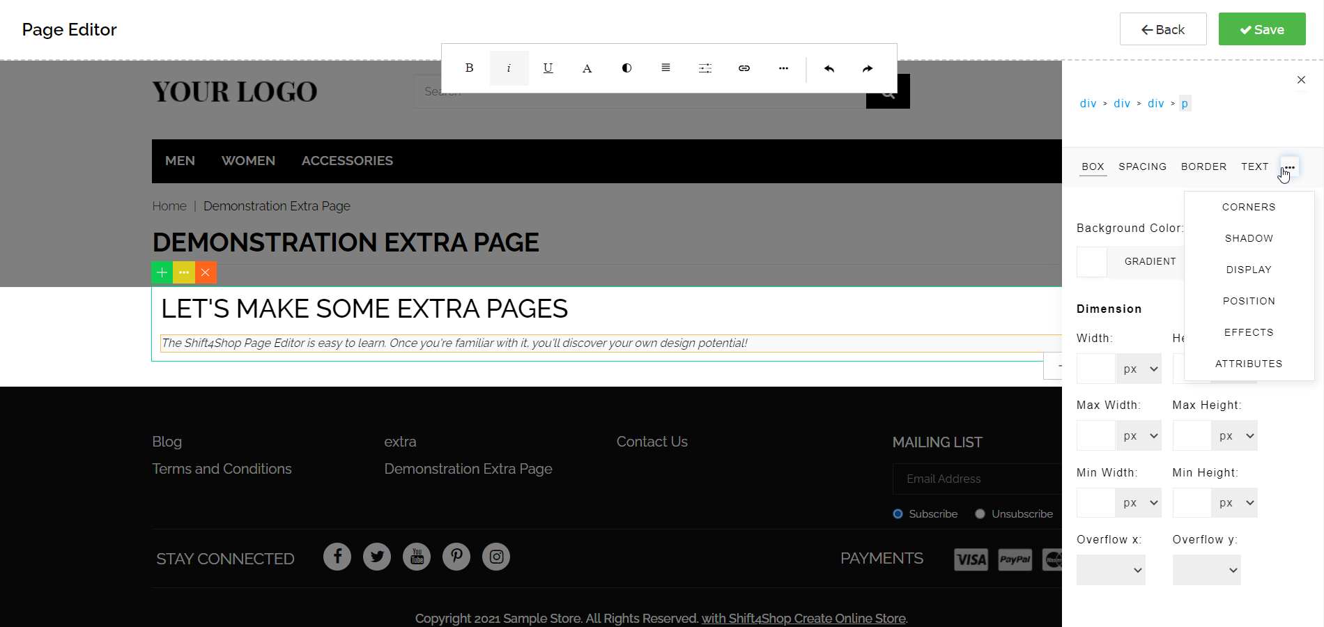 Using the Page Editor - Element Format Settings