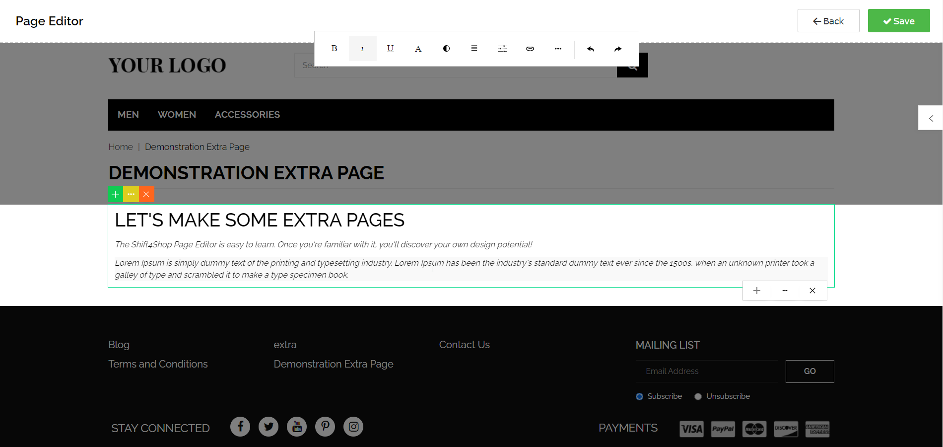 Using the Page Editor - Example Paragraph Element Added to Block