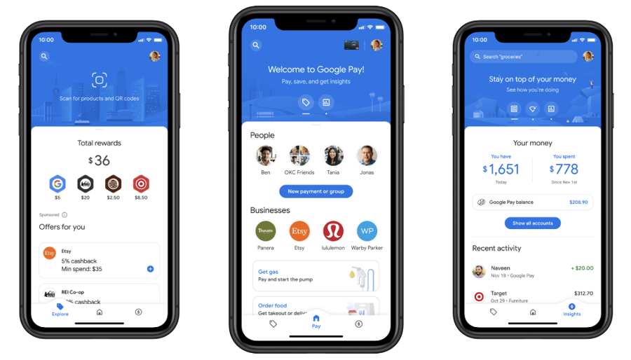 Google Pay displayed on phones
