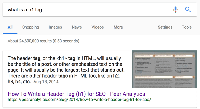 h1 tag featured snippet