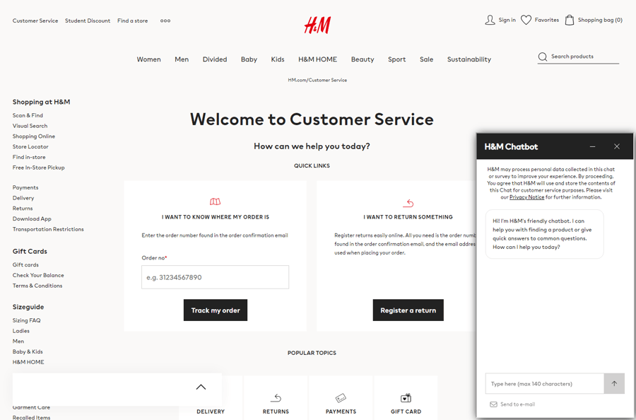 H&M customer service chatbot