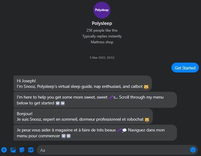 Polysleep chatbot on Facebook Messenger