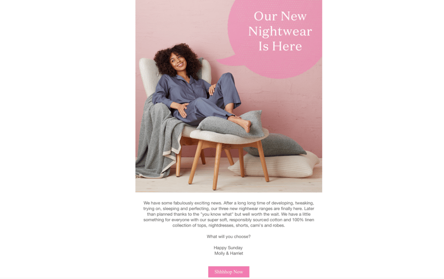 Product launch email from Secret Linen Store