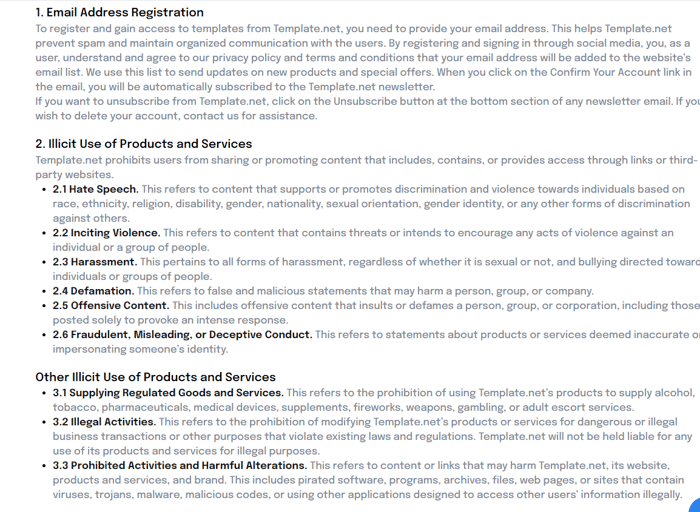 Template.net's terms of use