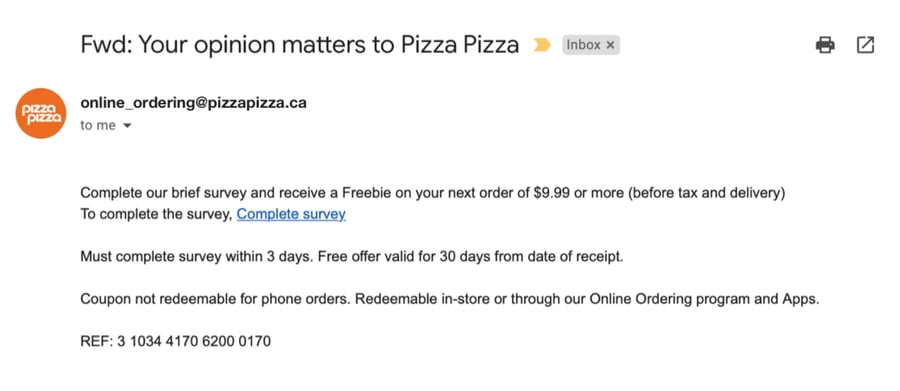 Survey email from Pizza Pizza