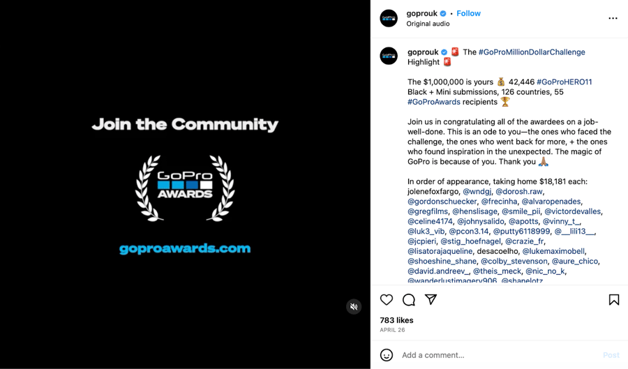 GoPro Awards giveaway on Instagram