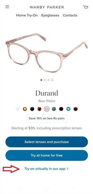 Durand eyeglasses product page from Warby Parker