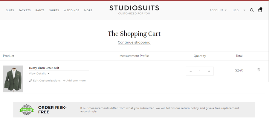 StudioSuits online store shopping cart