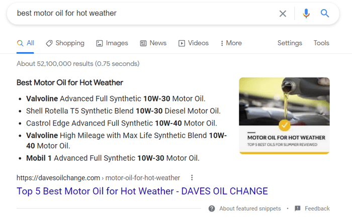 motor oil SERP snippet