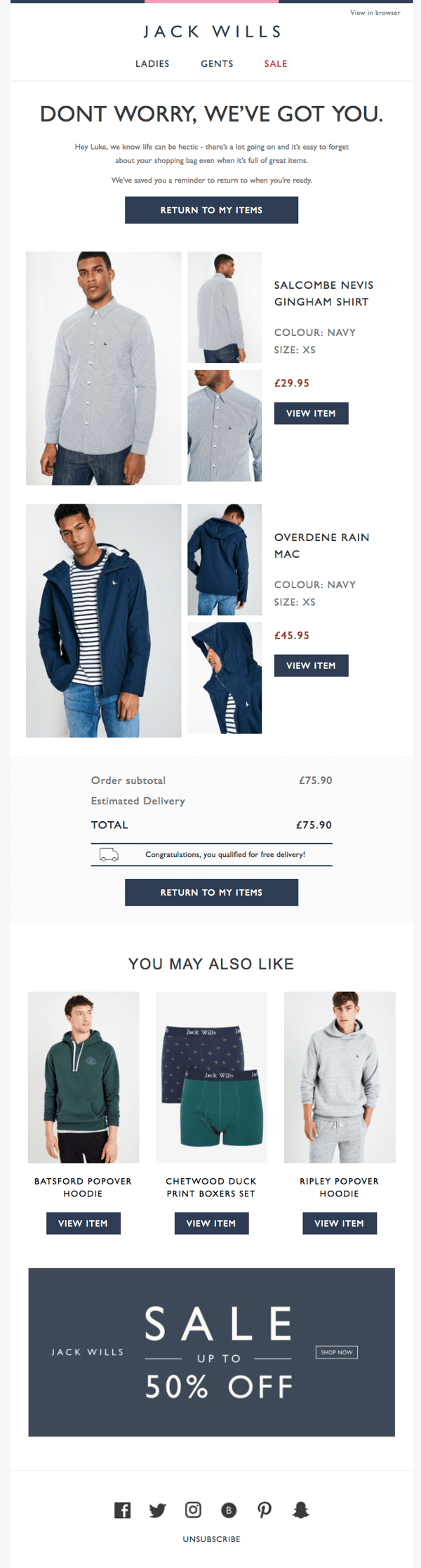 Jack Wills Cart Abandonment Email