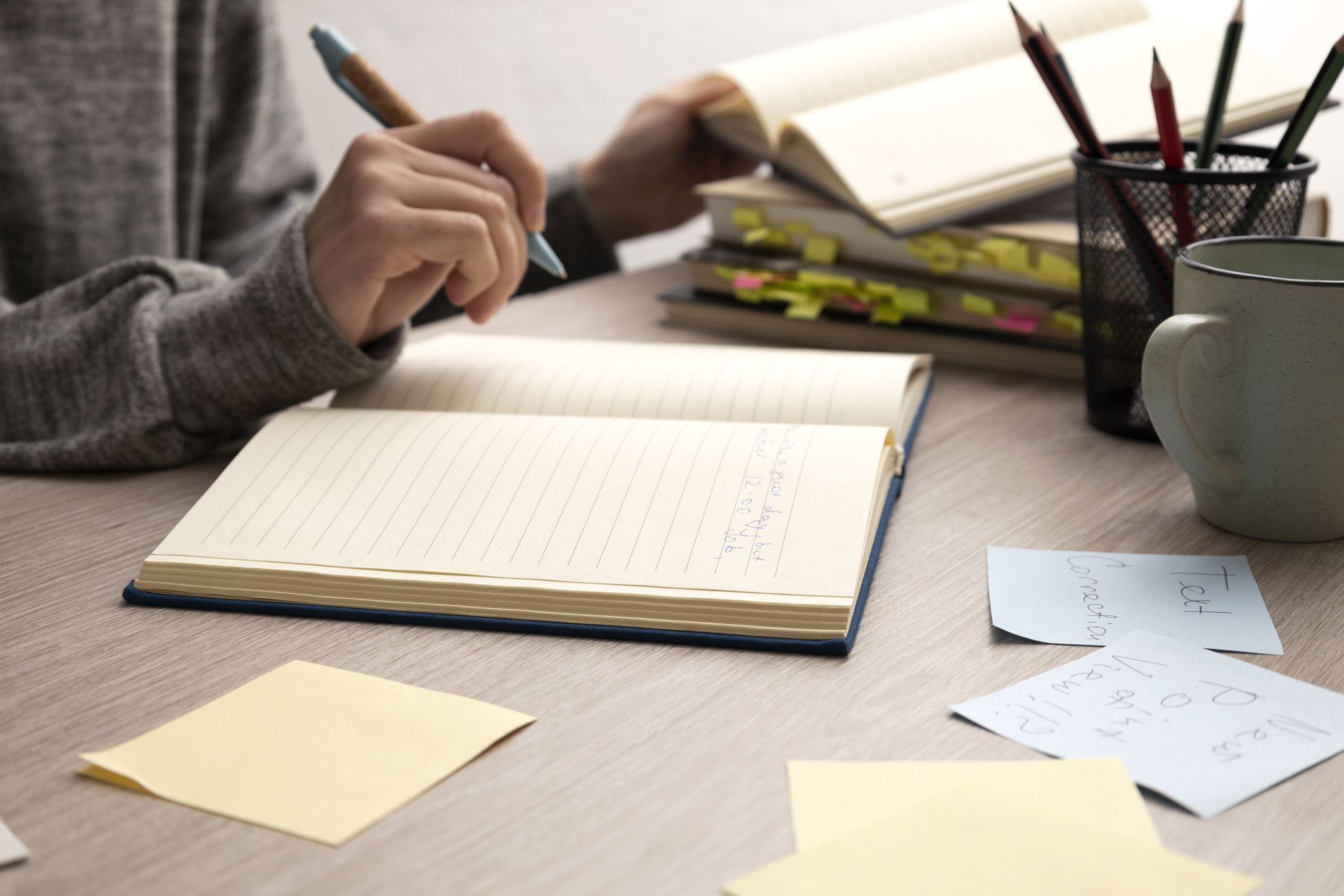 Person writing a brand story in a notebook. 