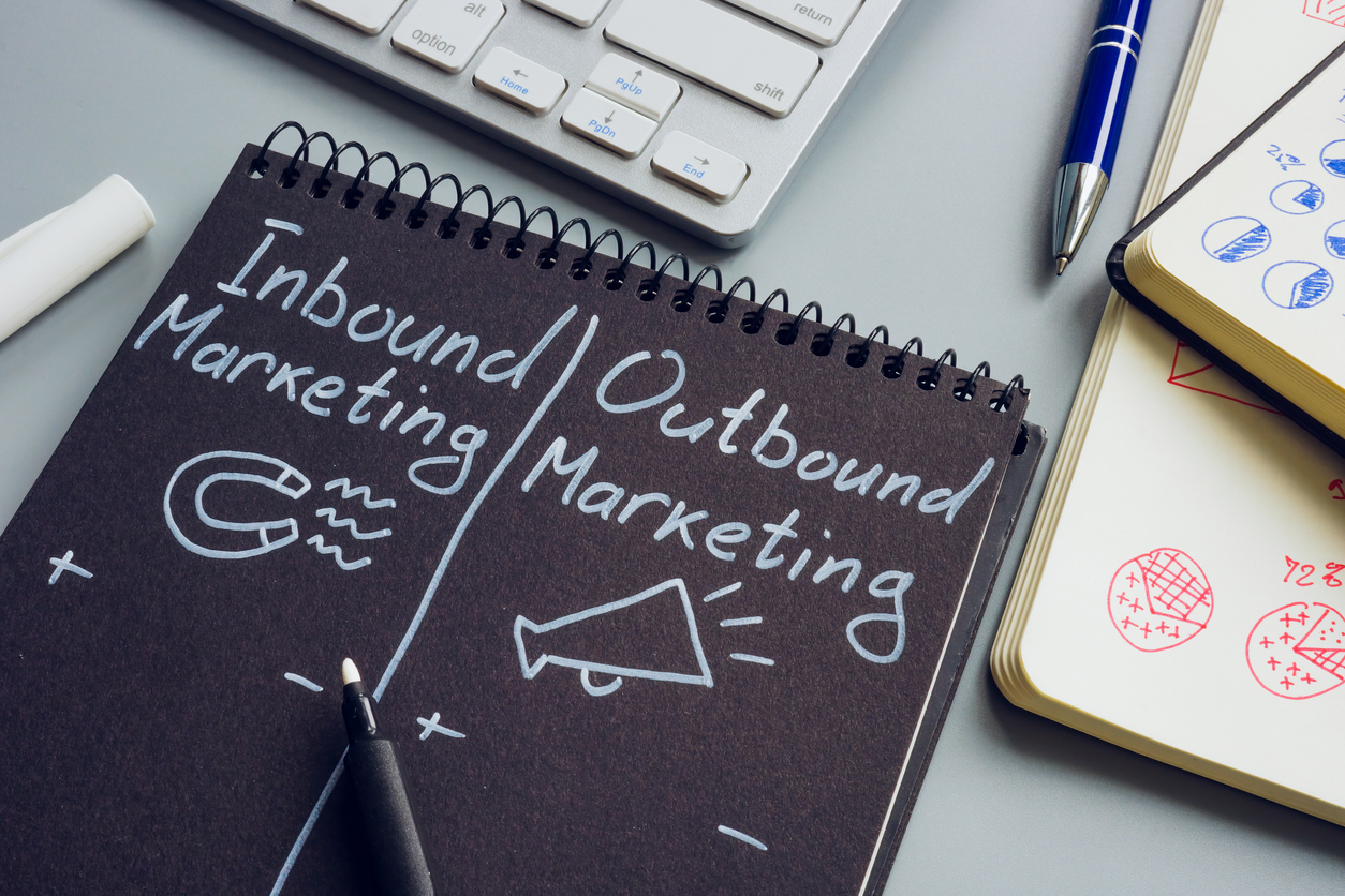 Inbound Marketing vs. Outbound Marketing written on a notepad on a desk - Shift4Shop
