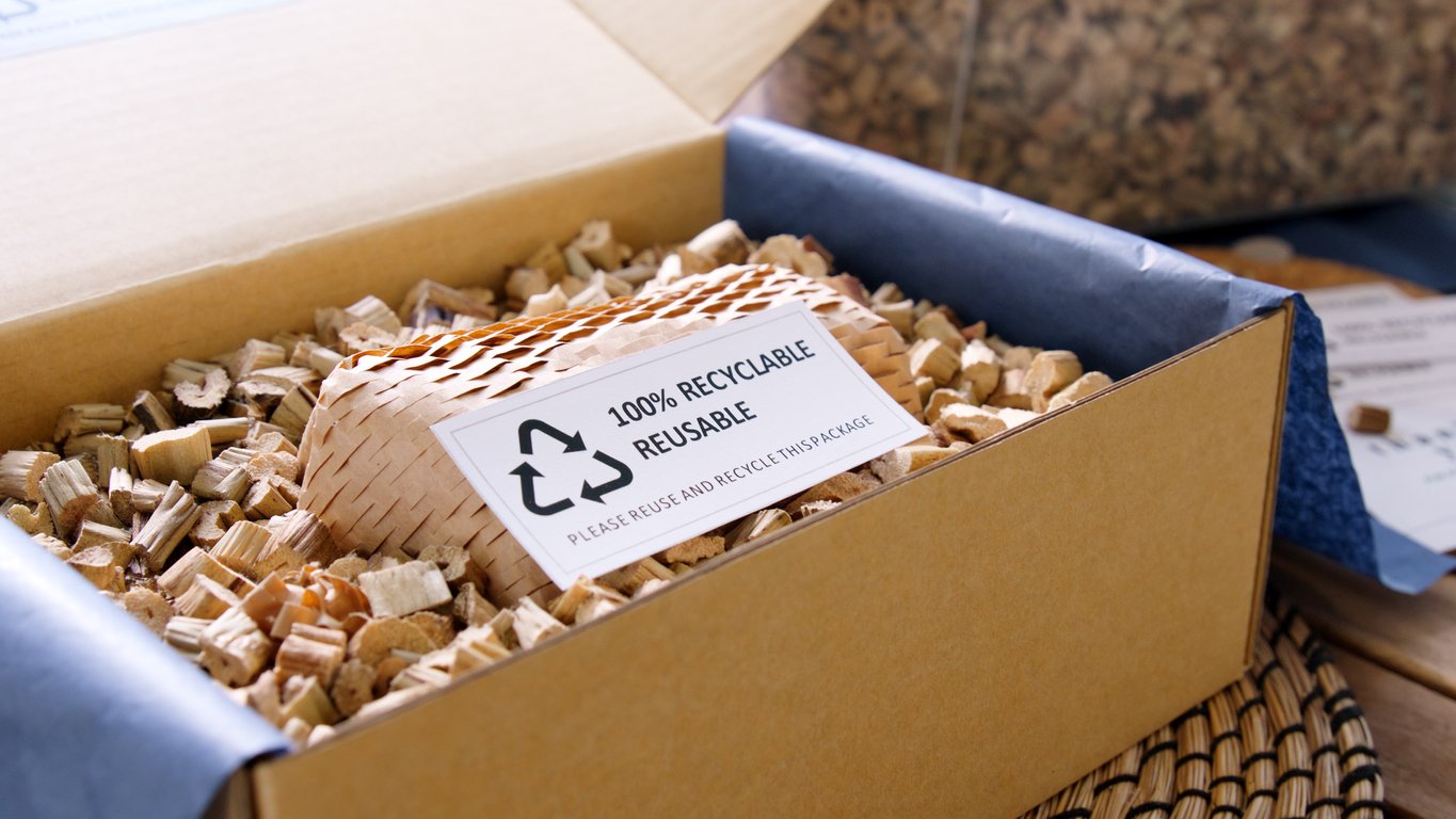 Recyclable and reusable packaging representing an online eco-business