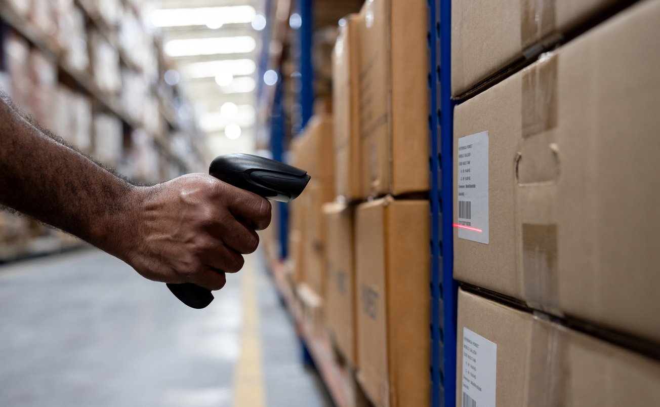 Employee ensuring eCommerce inventory accuracy by scanning a box label - Shift4Shop